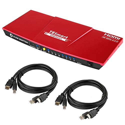 TESmart 4x1 KVM HDMI Switch HDMI Switcher 4K @60Hz con 2 Cables KVM de 5 pies /1.5 m, Soporta USB 2.0 y Salida de Audio Analógica L/R HDCP2.2, Compatible con Unix/Windows/Mac OS X, etc. (Rojo)