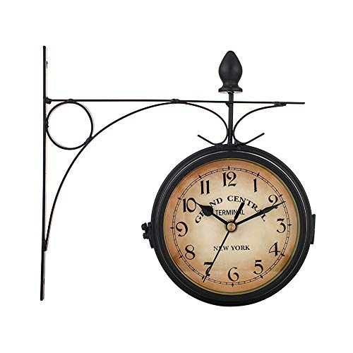 TIEMORE Reloj de Pared Retro de Doble Cara jardín decoración del hogar Reloj de Pared de Doble Cara Reloj de Metal Soporte Exterior alimentación por 1 Pila de Carbono AA (no incluida)