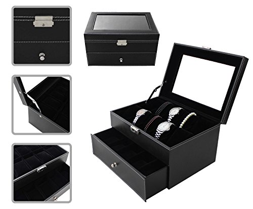 Todeco - Caja de Relojes, Caja de Almacenamiento de Relojes y Pulseras - Tamaño: 28,5 x 20,5 x 15 cm - Material de la caja: MDF - 20 Relojes con cajón y pantalla, Negro