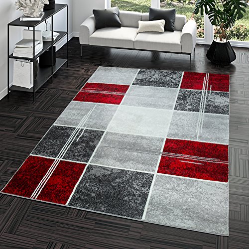 T&T Design Alfombra De Salón Moderna Económica Diseño Cuadros En Gris Rojo Al Mejor Precio, Größe:190x280 cm