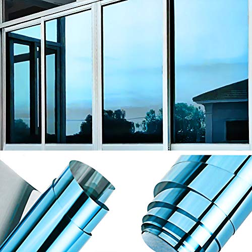 TTMOW Vinilo Pet Película Adhesiva Lámina de Espejo para Ventanas Cristal Unidireccional Protector de Privacidad Anti 99% UV y Anti 85% IR para Hogar y Oficina (Azul y Plata, 90 * 400cm)