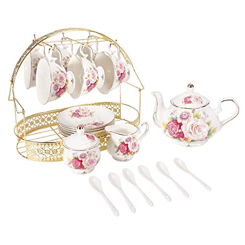 ufengke 15 Piezas Europeo Juegos de Té de Cerámica,Bone China Conjunto de Café,con Soporte de Metal,Pote Colorido del Té del Café de la Calabaza de la Pintura de Rose