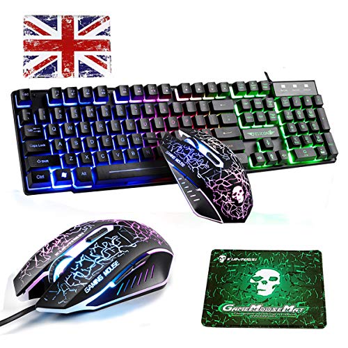 UK - Teclado y ratón con cable y retroiluminación arcoíris T6 con USB, teclado ergonómico + 6 botones de 2400 DPI Rainbow LED USB Mouse para juegos + almohadillas para mouse