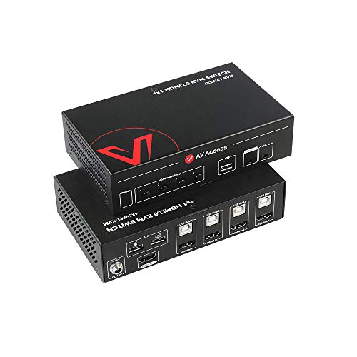 UltraHD KVM Switch HDMI 2.0 USB 4 Port, 4K@60Hz/30Hz YUV444, 1080P@120Hz 18Gbps, 4x1 Keyboard/Video/Mouse/Printer, Audio out/Mic in, Work from Home 4 Computers to 1 Monitor/TV, HDR10, HDCP2.2