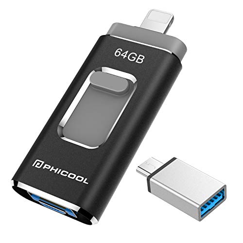 Unidad Memoria Flash USB 3.0 64 GB Memoria Lápiz Drive OTG PHICOOL [4 en 1] con Type C Conector USB Mirco Expansión de Memoria para iPhone, iPad, Android, PC - Negro