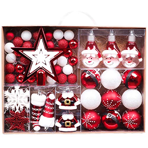Valery Madelyn 70 Piezas Bolas de Navidad de 3-6 cm, Adornos Navideños para Arbol, Decoración de Bolas de Navidad Inastillable Plástico de Rojo y Blanco, Regalos de Colgantes de Navidad (Tradicional)