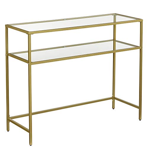 VASAGLE Mesa de Consola, Mesa de Entrada, Estantería de 2 Niveles, Extremo del sofá, Tablero de Vidrio Templado, Marco de Metal, Patas Ajustables, para salón, Entrada, Pasillo, Color Dorado LGT025A01 VASAGLE Mesa de Consola, Mesa de Entrada, Estantería de 2 Niveles, Extremo del sofá, Tablero de Vidrio Templado, Marco de Metal, Patas Ajustables, para salón, Entrada, Pasillo, Color Dorado LGT025A01