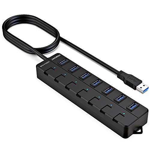 VEMONT Hub USB 3.0,7 Puertos divisor multipuerto USB con Cable de 1,2m Botón de Encendido Individual por Cada uno e 5Gbps Alta Velocidad para Mac OS, Windows, iOS, Android, Vista,Linux (Negro)