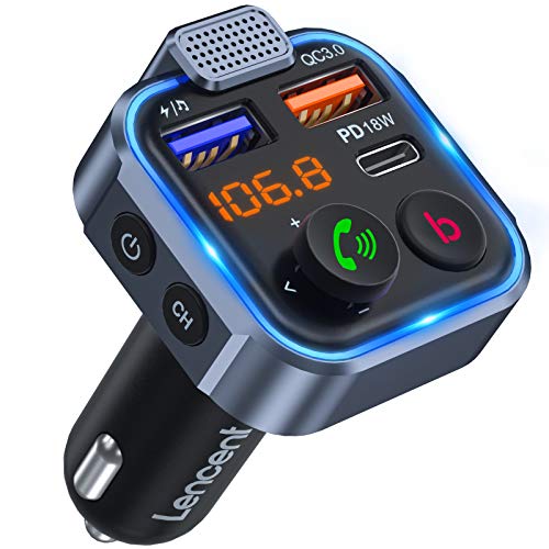 [Versión 2021] LENCENT Transmisor FM Bluetooth 5.0,Manos Libres Reproductor Música Coche, Adaptador Radio Bluetooth 2 USB+Tipo C Carga Rápida, Deep Bass Sonido Hi-Fi, Soporte Disco U