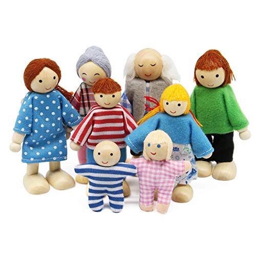 Wagoog Casa de muñecas Juego Familiar de muñecas, Madera 8 Mini Figuras de Personas Juego de muñecas para Accesorios de casa de muñecas Niñas Niños Niños Juguete de simulación Regalo
