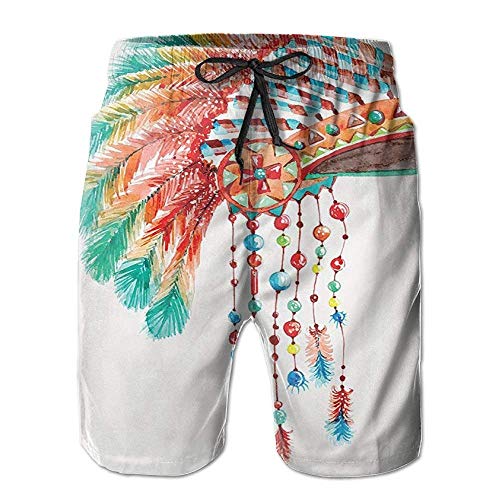 Watercolor Tribal Headdress with Feathers Beads Arrow Figures Print Summer Quick Dry Board/Beach Shorts for Men，Breathable Quick-Drying Swim Trunks Beach Shorts Board Shorts XXL
