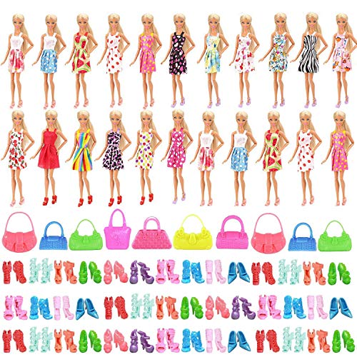 WENTS 70 Piezas Ropa de Moda Zapatos y Accesorios para Las muñecas Doll, Incluyendo 20 los Vestidos, 40 Zapatos, 10 Bolso de muñeca