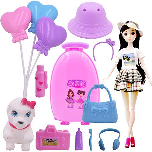 WENTS Accesorios para muñecas de Viaje 15PCS Travel Doll Vamos de Viaje con Perrito muñeca con Accesorios Regalo para niñas y niños 3-9 años Multicolor