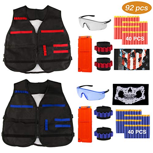 WisFox Niños Chaleco Táctico, 92pcs Kit de Chaleco Táctico para N-Strike Elite Series con 80 Piezas de Espuma Dardos + 2 Quick Reload Clips + 2 Gafas Protectoras + 2 Máscara + 4 muñequera