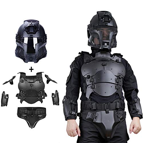 WTZWY Conjunto de Casco y Armadura de máscara Facial Militar táctica, Equipo de protección Molle Chaleco Deportivo Ajustable Multifuncional para Exteriores, Disfraz de terminador,BK