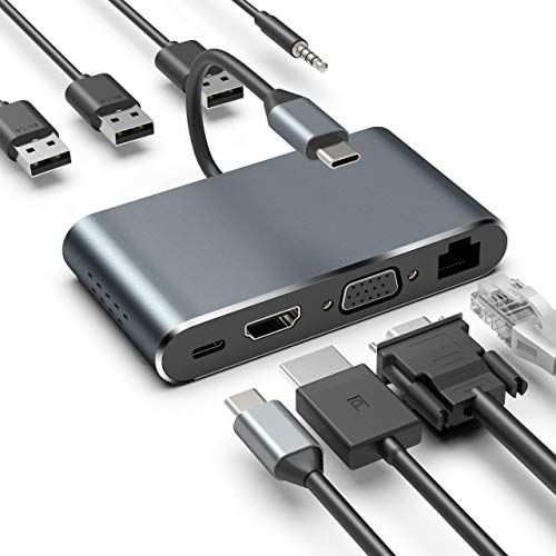 XDDIAS Hub USB Tipo C, 8 en 1 Hubs de Aluminio Tipo C con HDMI 4K VGA 1080P Gigabit Ethernet RJ45 3.5mm de Salida de Audio 3 USB 3.0 Carga PD Tipo C para USB Dispositivos Tipo C