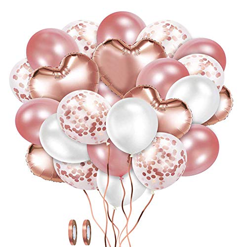 XYDZ Juego de Globos de Confeti De Oro Rosa, 48 Piezas de Globos De Confeti de Látex Blanco de Oro Rosa con Forma de Corazón para Fiestas de Cumpleaños, Bodas, Decoración de Festivales