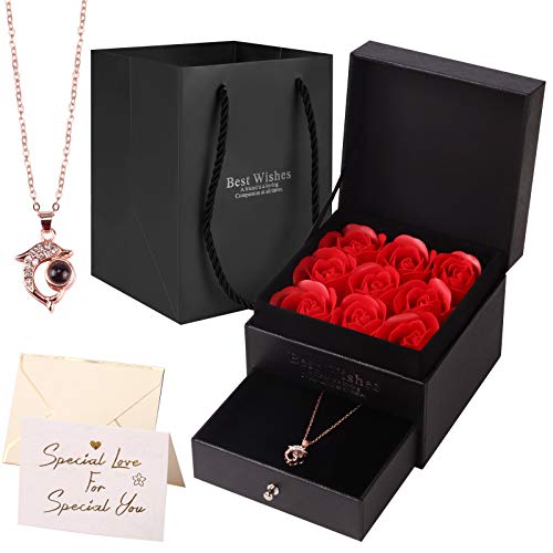 Yodeace Rosa Eterna, Rosa Preservada Jabón de Flores Eternas Caja de Joyería de Rosas con Collar de Delfines Regalo Romántico para Esposa Novia Madre En El Aniversario de San Valentín Día de La Madre Yodeace Rosa Eterna, Rosa Preservada Jabón de Flores Eternas Caja de Joyería de Rosas con Collar de Delfines Regalo Romántico para Esposa Novia Madre En El Aniversario de San Valentín Día de La Madre
