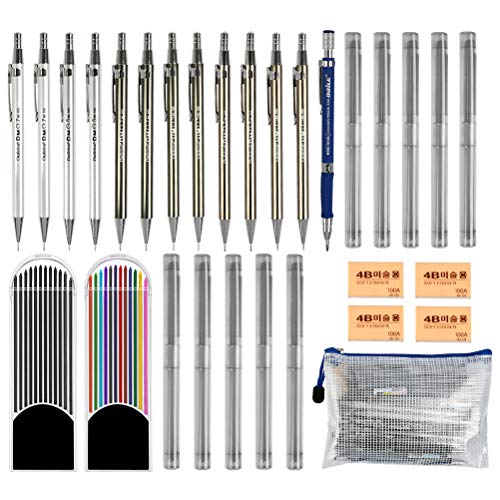 YOTINO Juego de lápices mecánicos de 30 piezas 13 mecánicos de varios tamaños de color (dorado, plateado, negro, azul) (0.5 mm, 0.7 mm, 2.0 mm) 12 tubos de mina de plomo 4 gomas de borrar YOTINO Juego de lápices mecánicos de 30 piezas 13 mecánicos de varios tamaños de color (dorado, plateado, negro, azul) (0.5 mm, 0.7 mm, 2.0 mm) 12 tubos de mina de plomo 4 gomas de borrar