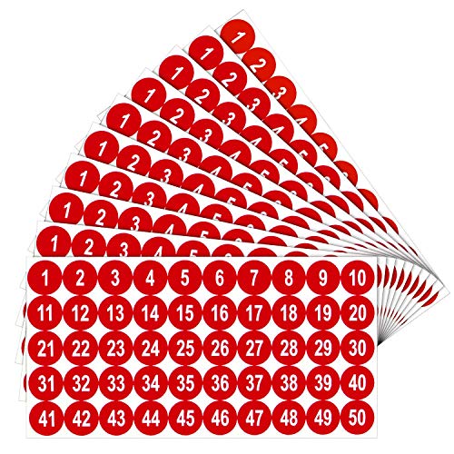 10 Hojas Pegatinas de Números de 1 a 50 Pegatinas de Vinilo con Números Consecutivos Calcomanía Autoadhesiva de 1 Pulgada Etiquetas Impermeables Pegatinas de Inventario de Números (Rojo)