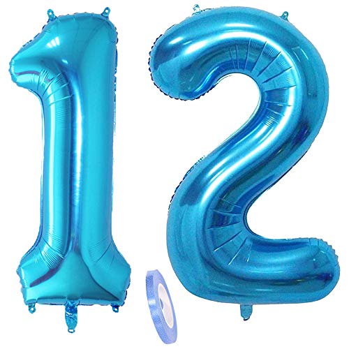 2 globos numeros 12, número 12 azul niñas niño infantil ,40" figuras globo inflable gigante grande de papel de helio number globo azules para cumpleaños 12 años niños decoración de fiesta (xxxl 100cm)