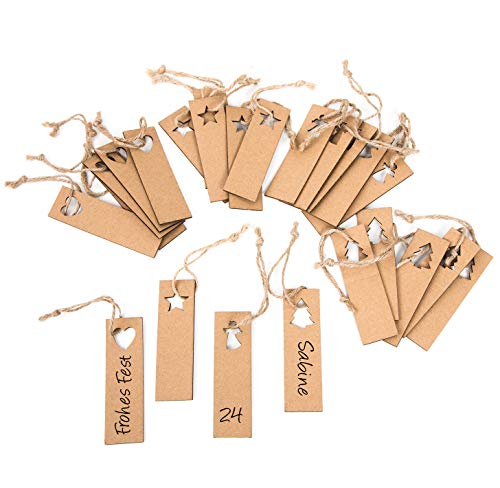 24 unidades Paper Tags (3 x 10 cm) regalo colgante Identificación weihnachtlich Navidad colgante de papel cartón para escribir con Advent Números y calendario de Adviento Manualidades de cartón Labels