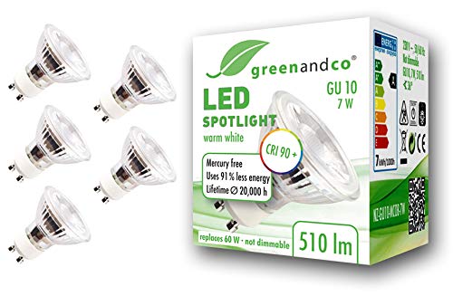 5x Spot LED greenandco® IRC90+ 3000K 36° GU10 7W (corresponde a 60W) 510lm SMD LED 230V AC, sin parpadeo, no regulable