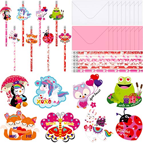 96 Piezas Set de Lápices y Tarjetas de Topper de Lápiz de Día de San Valentín, Tarjeta de Felicitación de Animal de Dibujos Animados con Lápices y Sobres en Blanco y Rosa 96 Piezas Set de Lápices y Tarjetas de Topper de Lápiz de Día de San Valentín, Tarjeta de Felicitación de Animal de Dibujos Animados con Lápices y Sobres en Blanco y Rosa