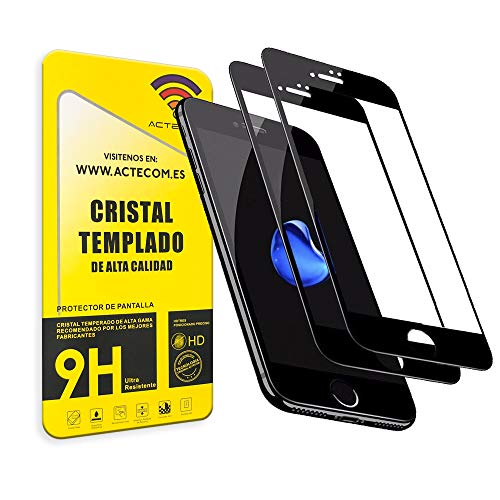 actecom® Pack DE 2 Protector Completo Negro 5D Pantalla Compatible con iPhone 8 / iPhone 7 / SE 2020 Cristal Templado 4,7" 9H 2.5D (2 uds.)