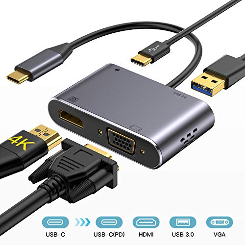 Adaptador USB-VGA, 4 en 1 Hub USB C, HDMI 4K, 1080P VGA, USB 3.0 y PD 3.0, Compatible con MacBook/Macbook Pro/Galaxy Note 9/ S9/ S8/ Huawei P20, Otros USB C Dispositivos etc.