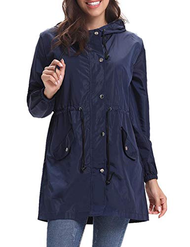 Aibrou Chaqueta Impermeable Mujer,Chaqueta Cortavientos Running Abrigo Impermeable con Capucha Chubasquero Impermeable Deportivo Chuvasqueros de Lluvia Primavera, Armada, S