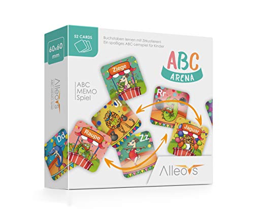 ALLEOVS® ABC-Arena - Juego de Memoria de Letras con Animales de Circo, un Juego Educativo para 1 - 6 niños de 4 años en adelante, 52 Cartas para Aprender el Alfabeto