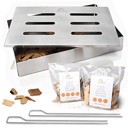 Amazy Caja ahumadora + 2 brochetas + 2 tipos de virutas de madera (haya y roble) – Caja de ahumado para carne o pescado apta para lavavajillas Amazy Caja ahumadora + 2 brochetas + 2 tipos de virutas de madera (haya y roble) – Caja de ahumado para carne o pescado apta para lavavajillas