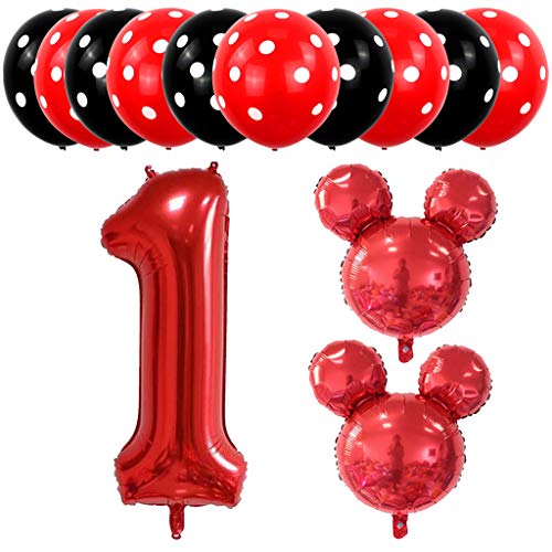 Amycute 13 pcs Decoración de Fiesta cumpleaño 1 Años, Fiesta Mickey Mouse Cumpleaños Globo de Latex Negro Rojo, Globo de Papel de Aluminio para Fiestas de Cumpleaños Niños de 1 año