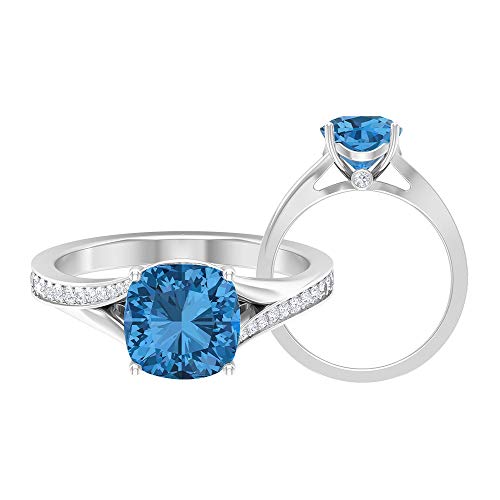 Anillo de zafiro azul ártico de 8 mm creado en laboratorio, anillo de oro de diamante HI-SI, corte cojín, anillo de vástago dividido, 14K Oro blanco, Size:EU 53