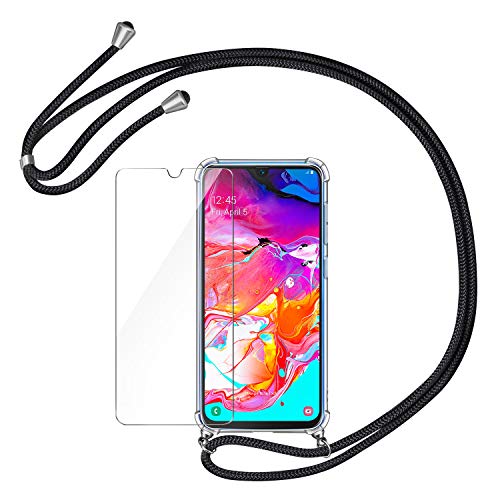 AROYI Funda con Cuerda para Samsung Galaxy A70 + Protector Pantalla, Carcasa Transparente TPU Silicona Case con Colgante Ajustable Collar Correa de Cuello Cordón para Samsung Galaxy A70, Negro