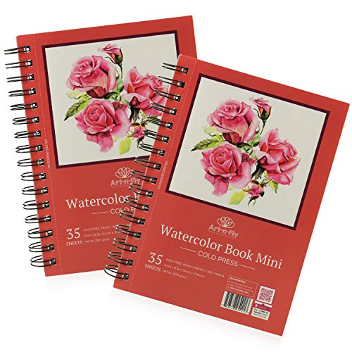 Art-n-Fly Mini cuaderno de bocetos de acuarela de 14 x 21,6 cm, 2 paquetes de 35 hojas cada una, encuadernadas en espiral y microperforadas, 300 g/m², 140 x 15 libras