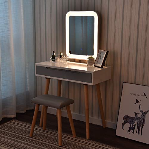 ARTETHYS Tocador Blanco con Luz LED, Brillo Ajustable, Espejo, Mesa de Maquillaje, Juego de Taburete, Tocador Moderno, Taburete Acolchado con Organizador de Maquillaje (Espejo Rectangular)