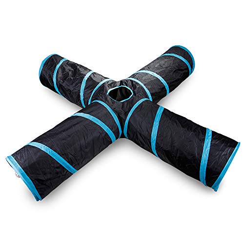 Athyior Túnel para Gatos Plegable - Grande 4 Vías Tubo de Juguete para Gatos Perrito Conejo con Pompones y Campanas para Mascota pequeña Interactivo Laberinto Interior