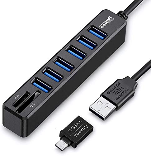 Auanoz HUB USB, Divisor USB, HUB De 6 Puertos Combo Externo USB 2.0 HUB + Lector De Tarjetas Multifunción SD para Mac Pro/Mini, iMac, Ps4, Surface Pro, XPS, PC, Flash Drive.