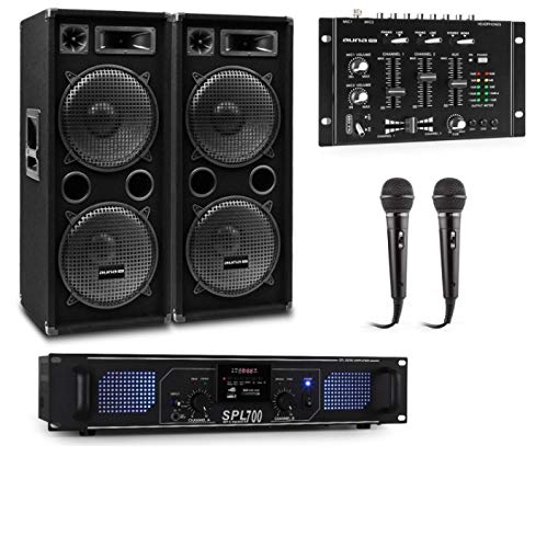 Auna Pro PW- MKII Lote de PA para Karaoke, Amplificador + 2 Altavoces pasivos de PA + Mezclador de DJ + 2 micrófonos, Amplificador de 2 Salidas de 250 W, 4 subwoofer de 12" / 1000 W/de 3 vías, Negro Auna Pro PW- MKII Lote de PA para Karaoke, Amplificador + 2 Altavoces pasivos de PA + Mezclador de DJ + 2 micrófonos, Amplificador de 2 Salidas de 250 W, 4 subwoofer de 12" / 1000 W/de 3 vías, Negro