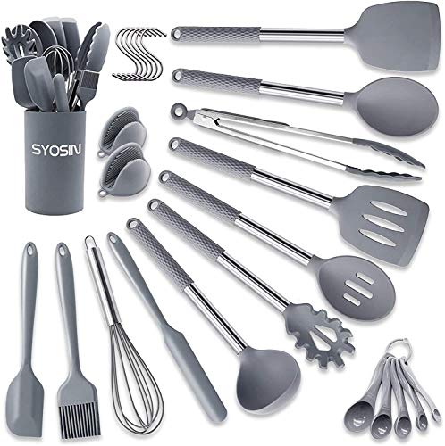 BAIYING Utensilios de Cocina de Silicona, 30 Piezas con Antiadherente, Resistentes al Calor Juego de Utensilios de Cocina con Mango de Silicona de Acero Inoxidable, Sin BPA - Gris