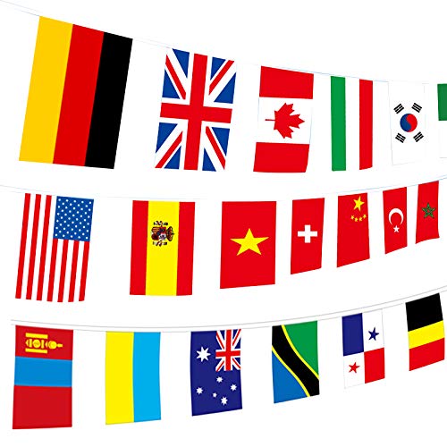Banderas del Mundo CHALA 100PCS Banderas de Países Diferentes 26 m Banderines Internacionales con 50 Palos de Cóctel Nacionales para Festivales Internacionales Campeonato Europeo Fiesta de Decoración