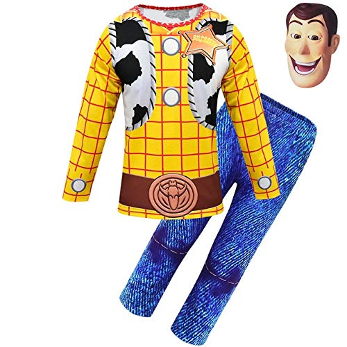 BCOGG 2019 Halloween Toy Story Niños Woody Costume Boy Woody Role Play Traje de vaquero Disfraces Cosplay Paños con sombrero XL 1676 y máscara
