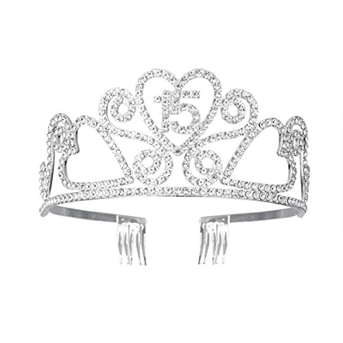 Beaupretty Tiara Cristal Cumpleaños 15 Años Corona Princesa de Corazon Feliz Cumpleaños de Número 15 Años Diadema con Peines Regalos de Cumpleaños para Mujer Fiesta de Aniversario Bodas Plata