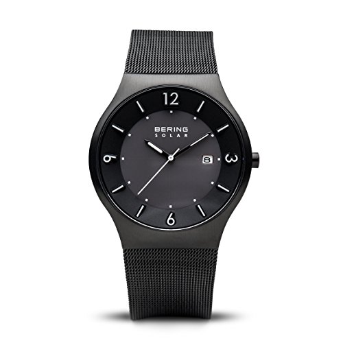 BERING Reloj Analógico para Hombre de Energía Solar con Correa en Acero Inoxidable 14440-222, Negro/Negro