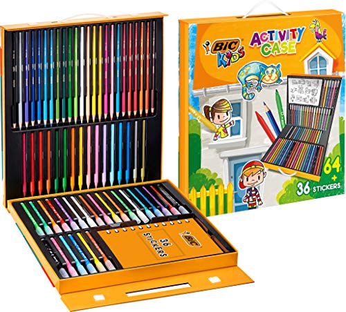 BIC Kids Activity Case Estuche Para Colorear - 24 Lápices de Colores /24 Rotuladores /16 Ceras y 36 Adhesivo – Actividades creativas para niños