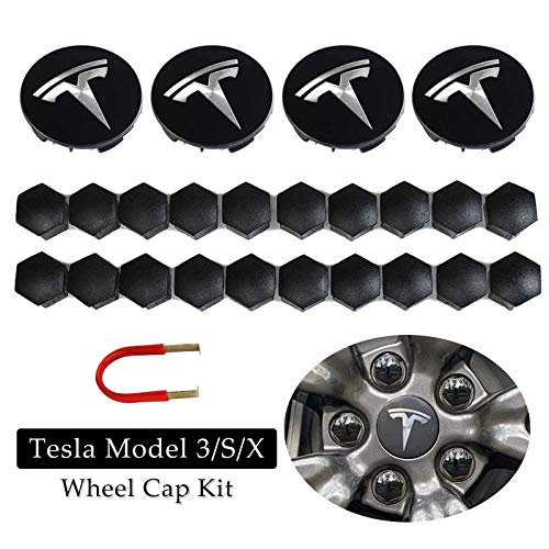 BMZX Tesla Model 3 Model S Model X - Juego de 4 tapacubos centrales y 20 tapas de tuerca de rueda, color plateado