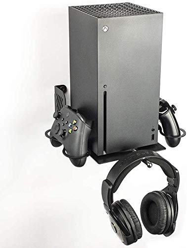 Borangame Soporte de Pared XBOX Series X, Base Vertical para XBOX Series X, Soporte para dos Mandos y Auriculares, Soporte Vertical en Hierro con Recubrimiento de Polvo, Negro