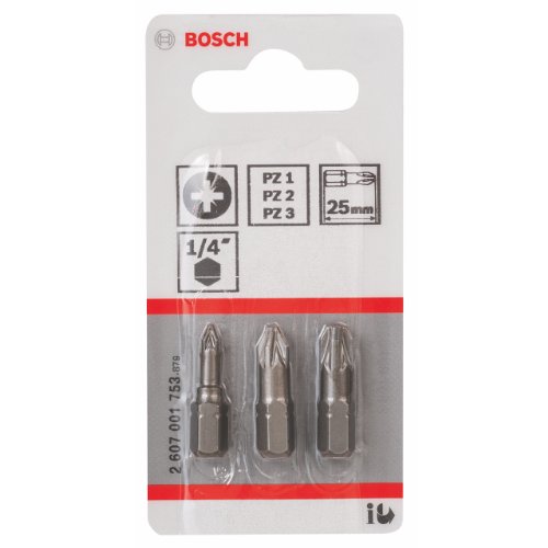Bosch 2 607 001 753 - Set de 3 puntas de atornillar extraduras (PZ) - PZ1; PZ2; PZ3; 25 mm (pack de 3)